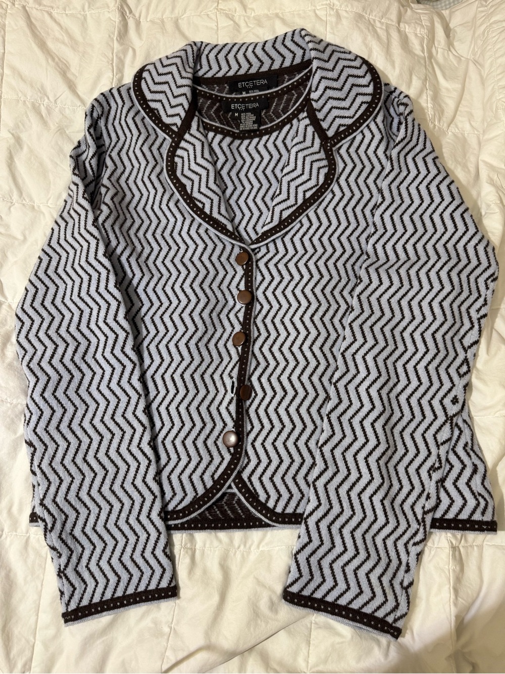 Etcetera 2 piece Black and White Zigzag Knit Button Cardigan cashmere blend
